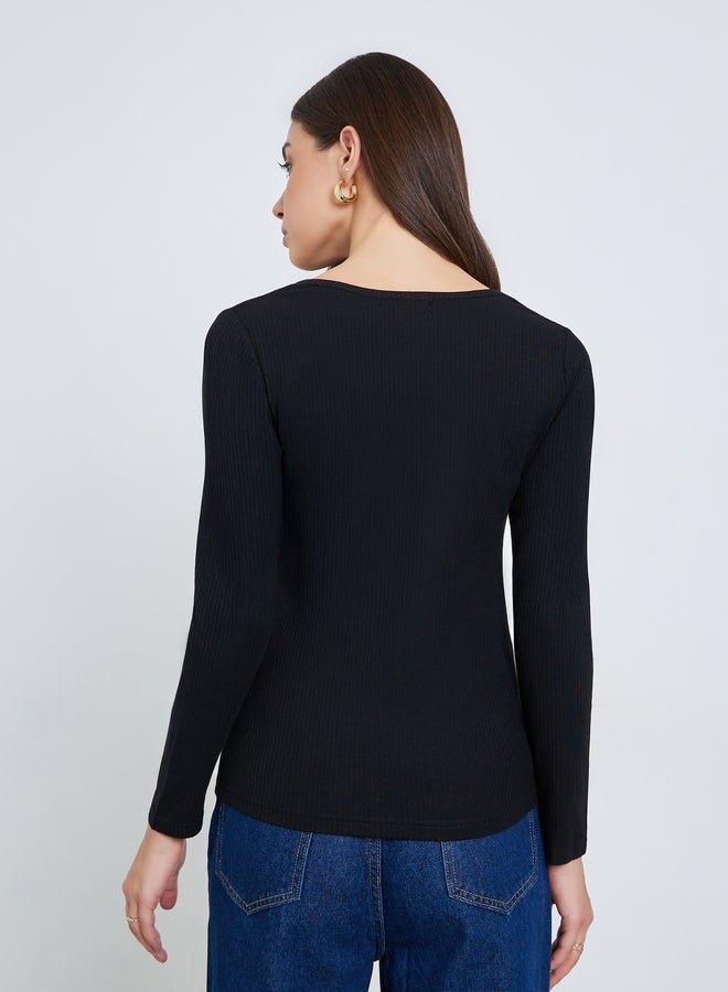 Styli Women Black Long Sleeve Cutout Knit Top - Image 5